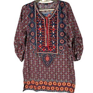 NLW Dress Womens Size M Red Blue Orange All Over Print Bohemian Long Sleeves